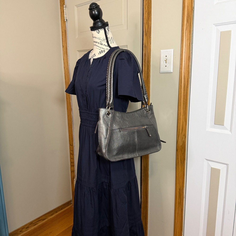 Tignanello Metallic Silver Pebbled Leather Shoulder Bag w Braided Handles Boho